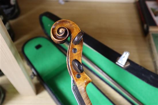 A 19th century (1822) single back violin by John Gough, who worked for Dearloves in Leeds, cased with two bows.